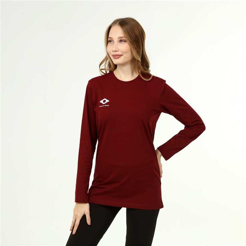 Langärmliges, bordeauxfarbenes T-Shirt aus Baumwolle im aktiven Stil für Damen